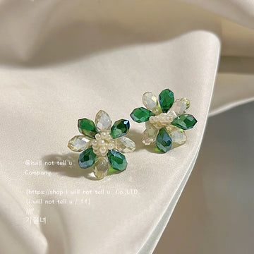 Green Clear Crystal Glass Flower Stud Earrings Pearls