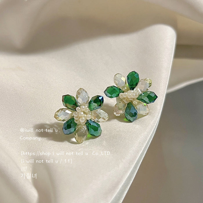 Green Clear Crystal Glass Flower Stud Earrings Pearls