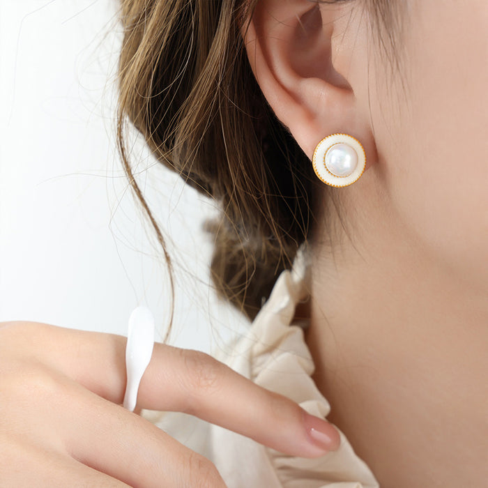 Pearl Center White Enamel Disc Stud Earrings Gold Rim
