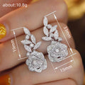 White Gold Pavé Rose Flower Leaf Drop Earrings Clear Stones view 4