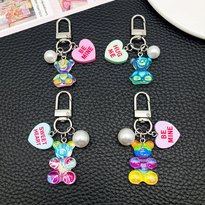Rainbow and Green Resin Bear Heart Metal Clasp Keychain Pair