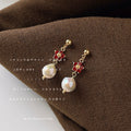 Gold Red Crystal Flower Drop Earrings Baroque Pearl Pendants view 4