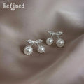 Silver Tone Clear Leaf Double Pearl Cherry Stud Earrings view 3