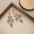 Pink Center Ornate Silver Tone Chandelier Stud Earrings view 4