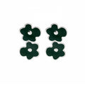 Black Green Enamel Flower Stud Earrings Silver Rim Center view 5