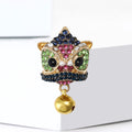 Multicolor Crystal Lion Dance Head Brooch With Gold Bell view 2
