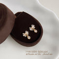 Gold Mini Bow Stud Earrings Clear Crystal Teardrop Drop view 3
