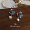 Gold Blue Enamel Flower Red Stone Freshwater Pearl Drop Earrings view 4