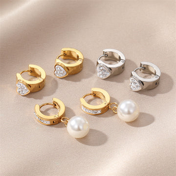 Gold and Silver Tone Crystal Heart and Pearl Huggie Earrings