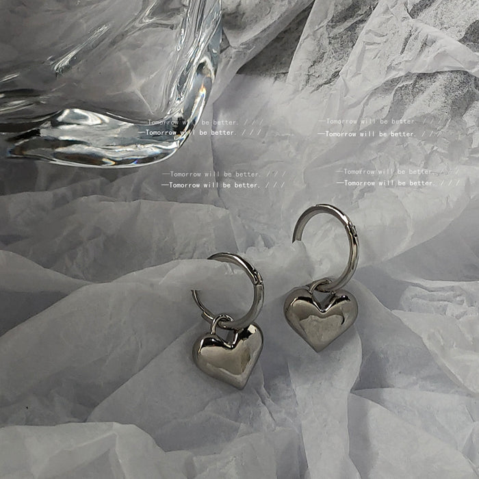 Silver Mini Huggie Hoop Smooth Heart Charm Drop Earrings