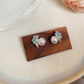 Pink And Blue Floral Pearl Drop Stud Earrings Jewelry Pair view 7