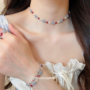 Blue Red Beaded Flower Necklace Bracelet Ring Four Pieces
