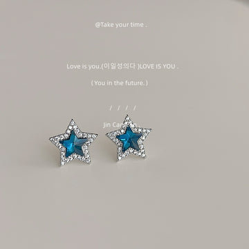 Silver Tone Blue Star Clear Stone Halo Stud Earrings For Women
