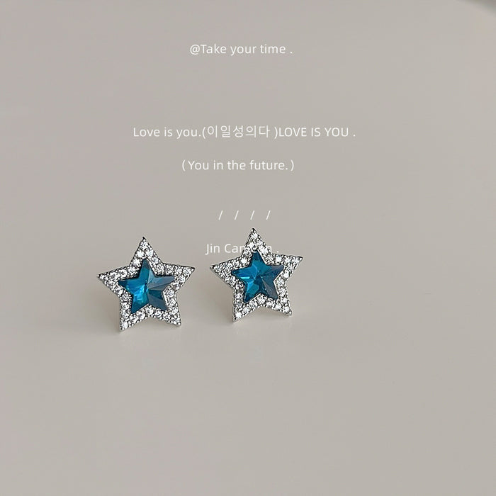 Silver Tone Blue Star Clear Stone Halo Stud Earrings For Women