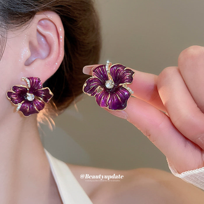 Purple Enamel Flower Stud Earrings With Crystal Centers