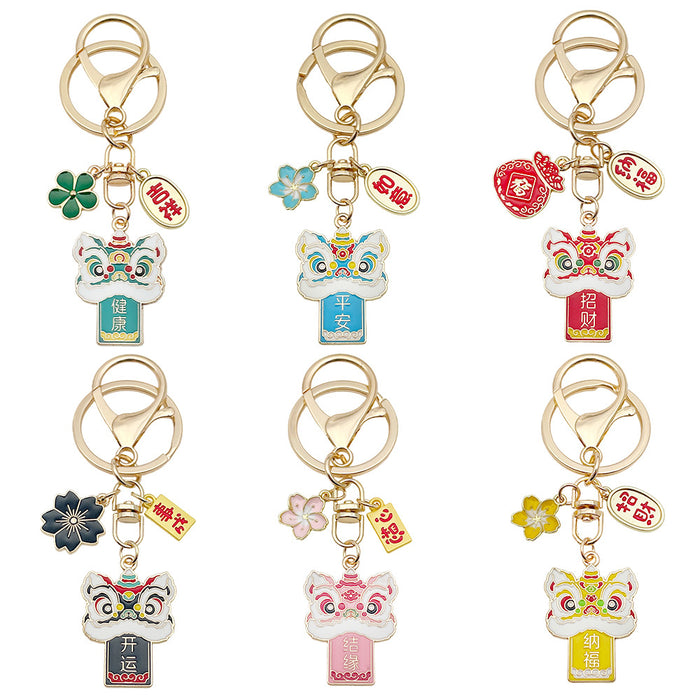 Six Color Lion Dance Flower and Message Keychains with Metal Hardware