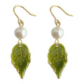 Gold Hook Green Enamel Leaf Pearl Drop Earrings Pair view 5