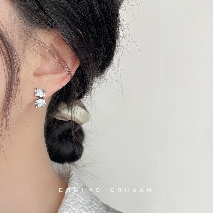 Geometric Dual Rectangle Clear CZ Open Stud Earrings Silver