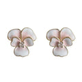 Pink White Enamel Flower Stud Earrings Gold Crystal Center view 5