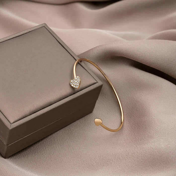 Gold Open Cuff Bracelet With Rhinestone And Plain Hearts