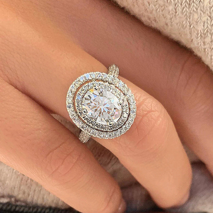 Oval Double Halo Clear Stone Ring Pave Band Sizes 6-10