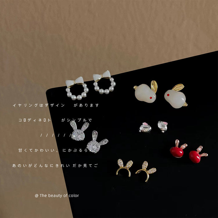 Pearl Bow Circle Red White Silver Bunny Stud Earrings Set