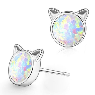 Silver cat ear white opal studs front and side post view