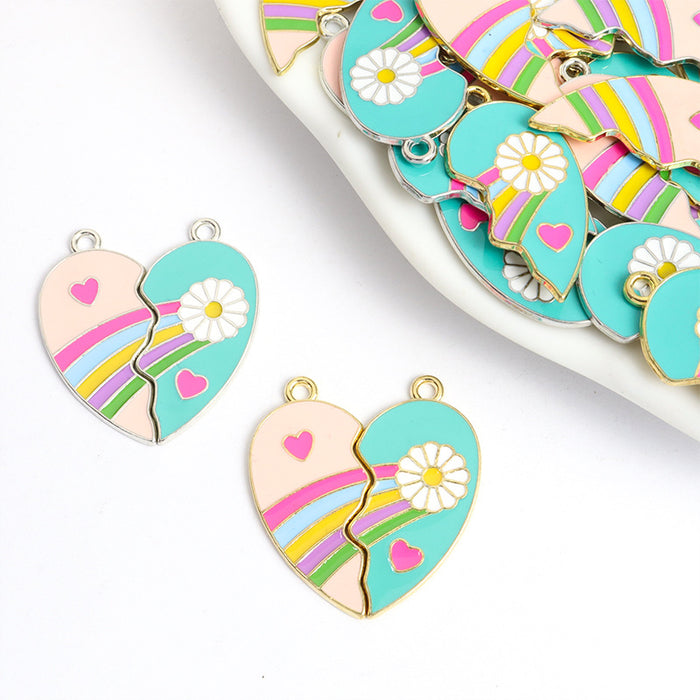 Rainbow Daisy Split Heart Pendant Charms in Two Finishes