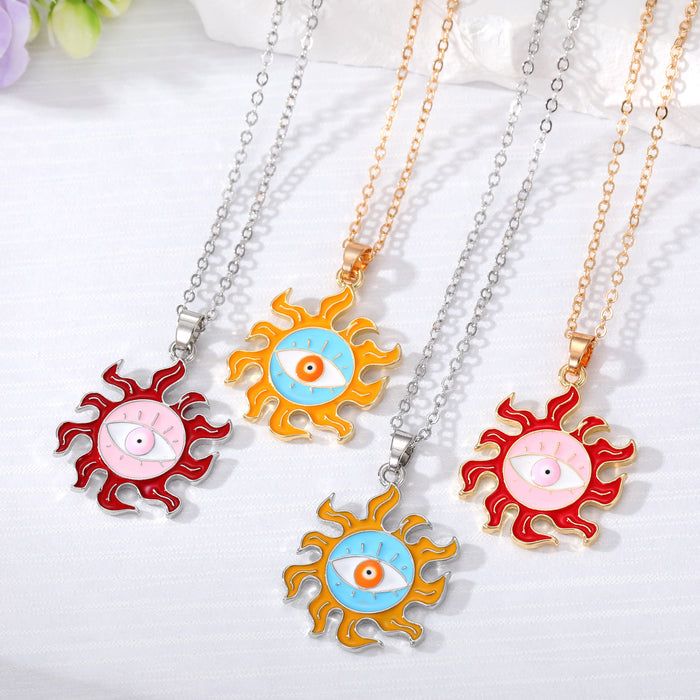 Gold and Silver Tone Enamel Sun Evil Eye Pendant Necklaces