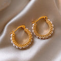 Gold Tone Chain Hoop Earrings with Double Pearl Rows view 6