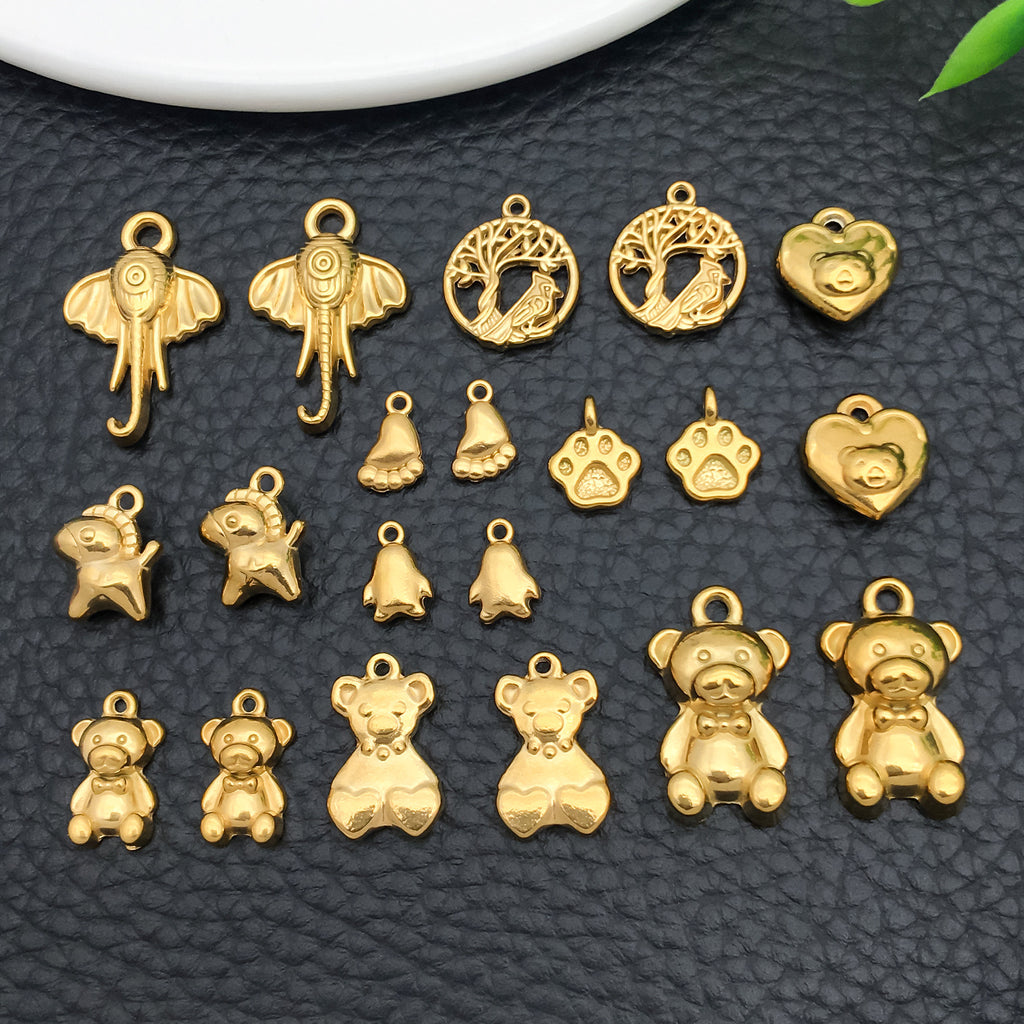 Gold Stainless Steel Bear Penguin Elephant Charm Pendants for DIY Bracelet Necklace