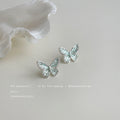 Silver Tone Pale Green Translucent Butterfly Stud Earrings view 3