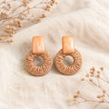 Ivory and Brown Woven Circle Rectangular Stud Earrings view 4