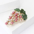 Pink Pearl Grape Cluster Brooch Green Leaf Rhinestone Pin view 2