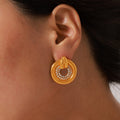 Hollow Circle Stud Earrings Inner Rhinestone Ring Metal Loop view 1