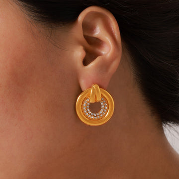 Hollow Circle Stud Earrings Inner Rhinestone Ring Metal Loop