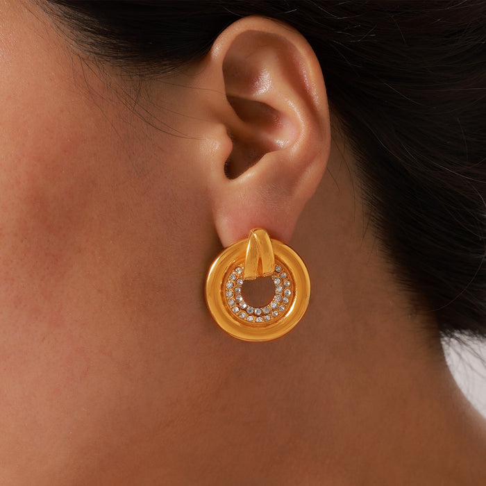 Hollow Circle Stud Earrings Inner Rhinestone Ring Metal Loop