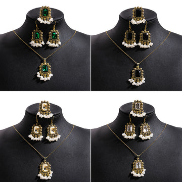 Antique Gold Pearl Drop Jewelry Sets Rectangular Gems