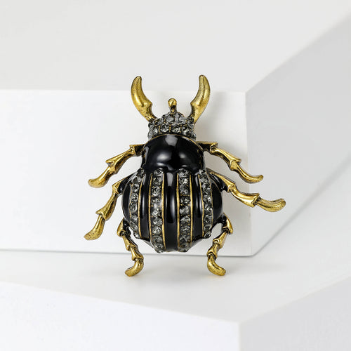 Black beetle brooch upright close-up on white platform