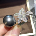 Open Pearl Flower Adjustable Ring Black White Pearl Alloy view 3