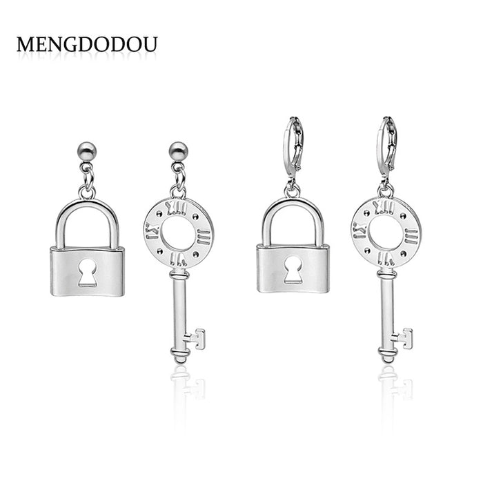 Silver Tone Mismatched Key and Padlock Dangle Earrings