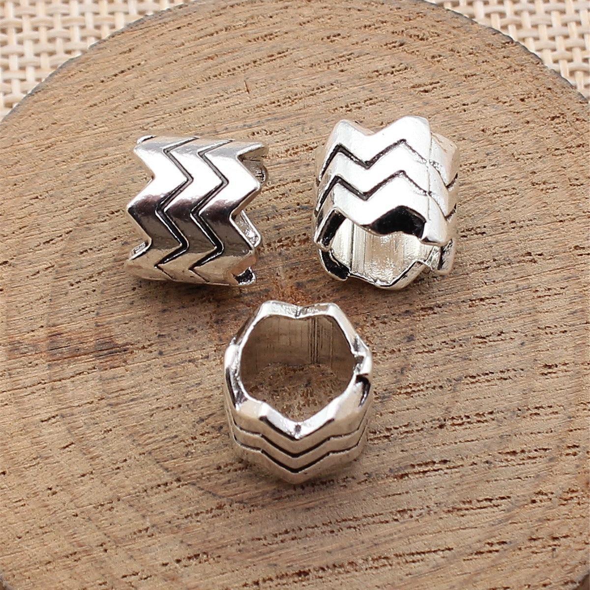 12x12x11mm 2.7g Antique Silver Zinc Alloy Zigzag Texture Large Hole Spacer Beads for Bracelet Making