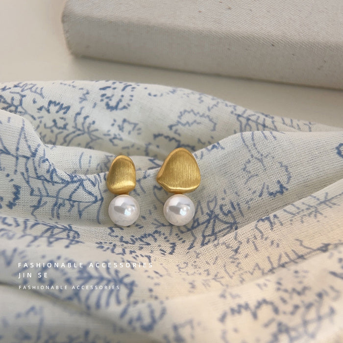 Brushed Gold Tone Asymmetric Pearl Drop Stud Earrings