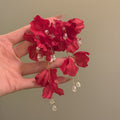 Red Fabric Flower Crystal Cascade Earrings Statement Jewelry view 4