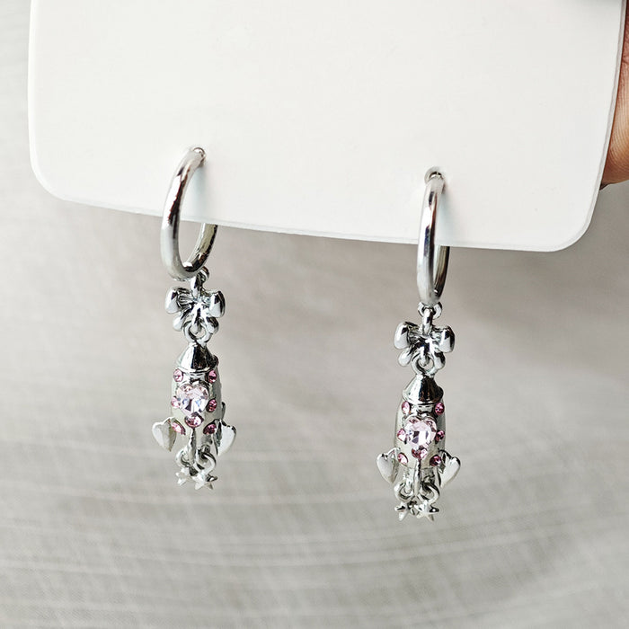 Pink Faceted Butterfly Silver Tone Small Huggie Earrings