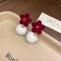 Flower and Pom Pom Drop Stud Earrings in Two Colors view 6