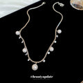 Silver Scalloped Chain Pearl Drop Necklace Clear Crystal Dangles view 4