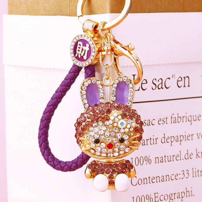 Jeweled Cute Rabbit Keychains in Four Colors with Matching Braided Loops