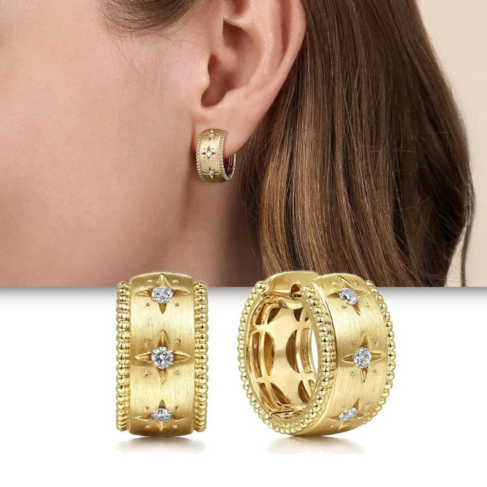 Gold Brushed Star Motif Beaded Huggie Hoop Earrings Pair