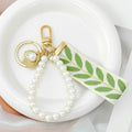 Embroidered Leaf Ribbon Wristlet Keychain With Pearl Bead Strap And Charm view 7